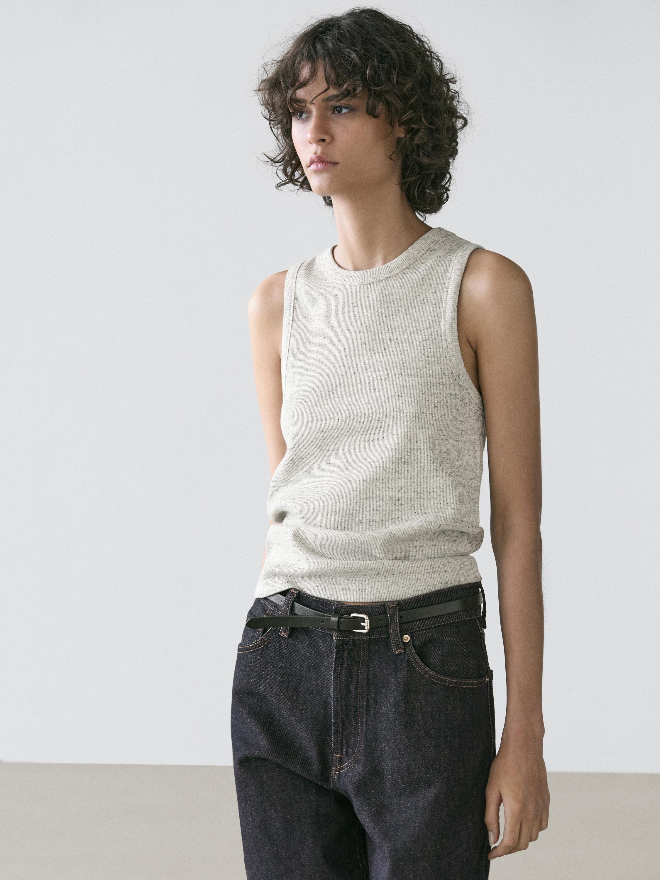 Sleeveless cotton blend T-shirt