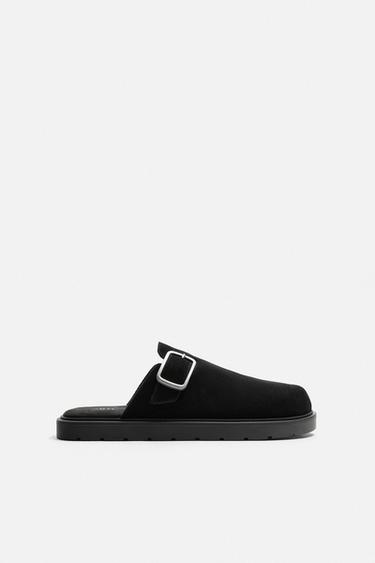Zara LEATHER BUCKLE CLOGS - Black
