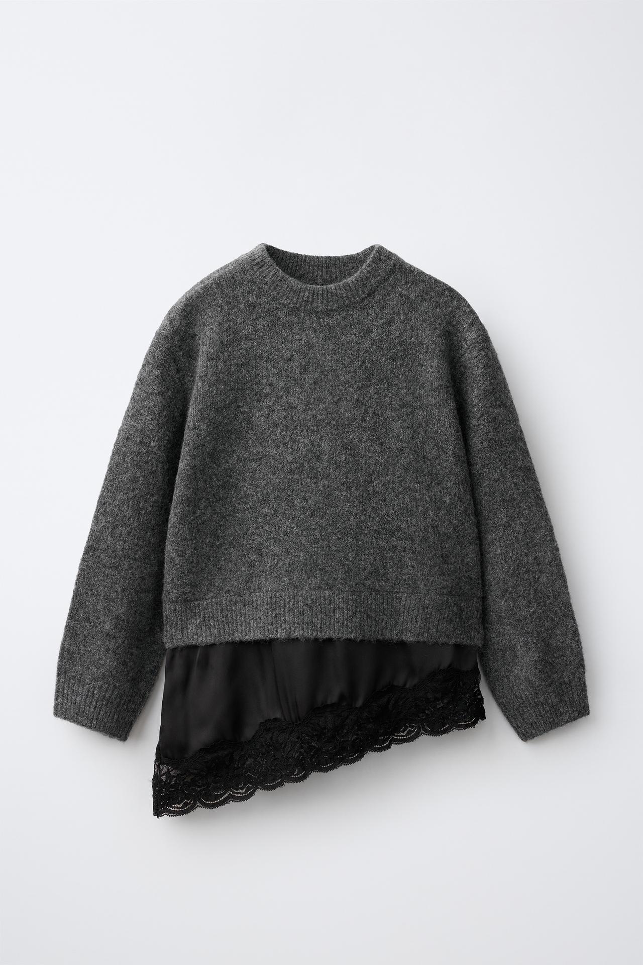 LACE TRIM SWEATER — Dark anthracite
