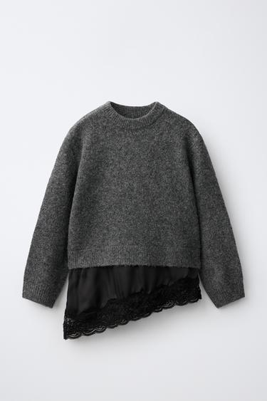 LACE TRIM SWEATER — Dark anthracite 1