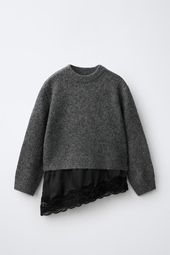 STRICKPULLOVER MIT SPITZE UND materialkombination - Anthrazit dunkel von Zara - Bild 0