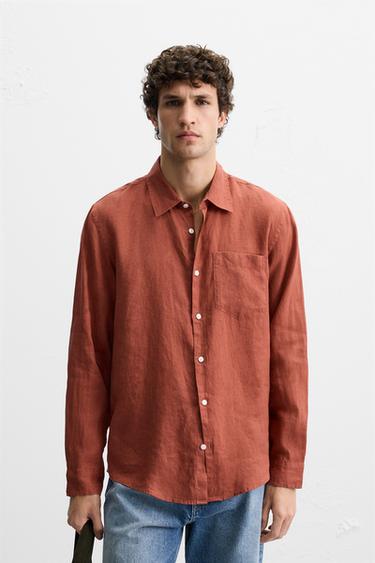 CAMICIA 100% LINO - Rosso / Arancione di Zara