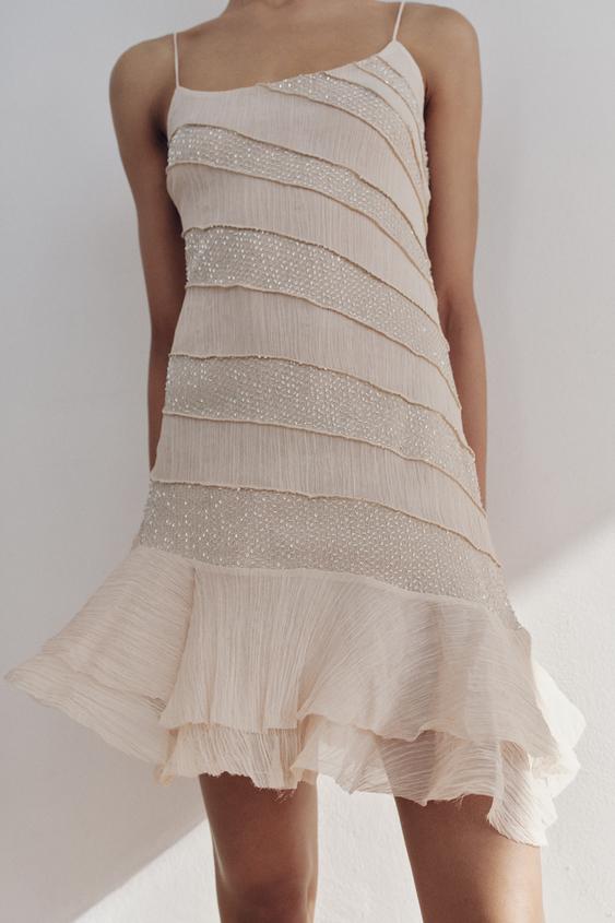 zara beaded slip dress EMBROIDERED BEADED SLIP DRESS - Greenish