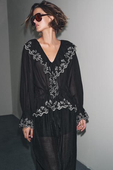 Zara EMBROIDERED RUFFLED BLOUSE ZW COLLECTION - Black - Image 0