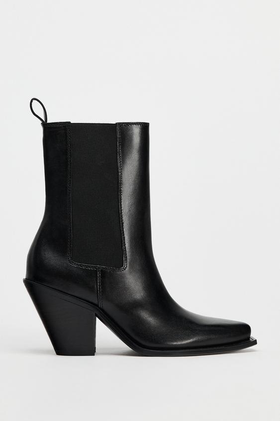 LEATHER COWBOY ANKLE BOOTS Black ZARA Spain