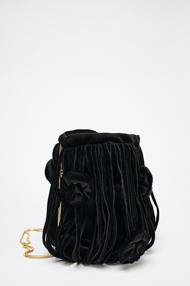 VELVET-EFFECT BUCKET BAG WITH FLORAL DETAIL - Black by Zara - Image 3