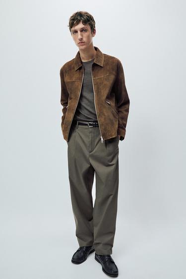 Chaqueta cremallera piel ante - Marrón vigoré de Zara