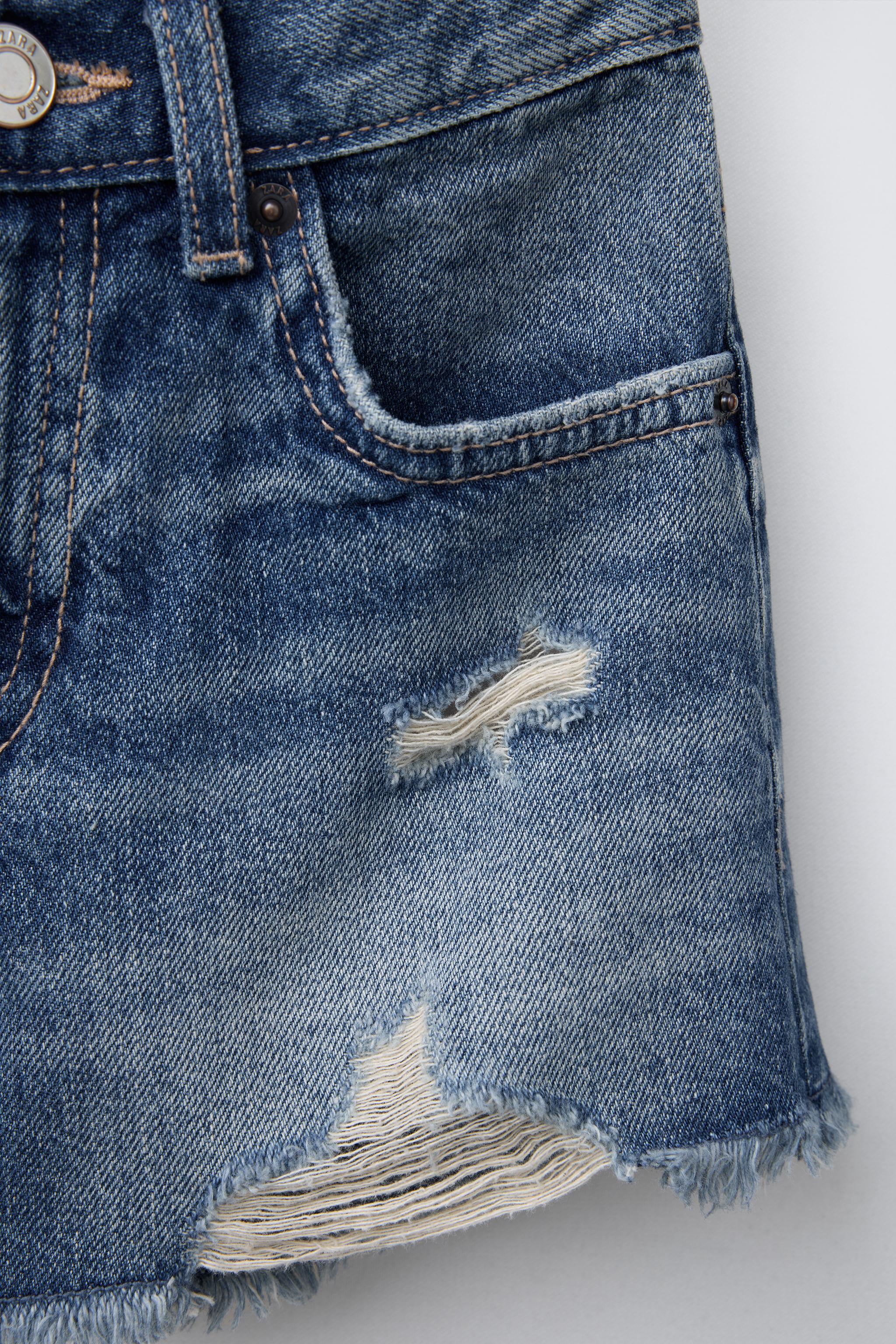 ZARA アクネ風 ダメージ加工ブルーデニムパンツ ダメージ加工入りワイドレッグジーンズ - ミディアムブルー