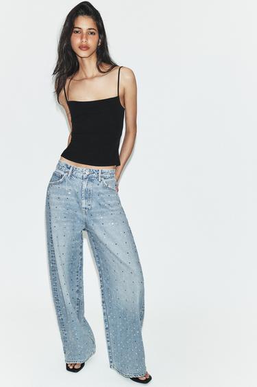 Zara TRF MID-RISE SHIMMER BAGGY JEANS - Light blue