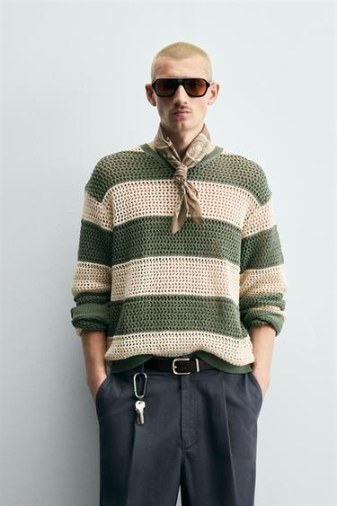 CONTRAST STRIPED OPEN-KNIT SWEATER - Green stripe by Zara