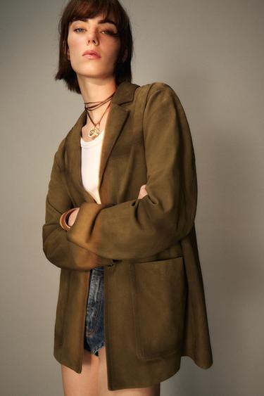 LIMITED EDITION ZW COLLECTION 100% SUEDE LEATHER OVERSIZE BLAZER - Light khaki by Zara
