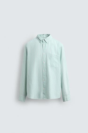 COTTON - LINEN SHIRT - Green stripe by Zara