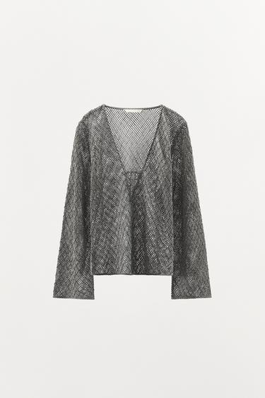 Zara BEADED CROCHET TOP - Gray - Image 0