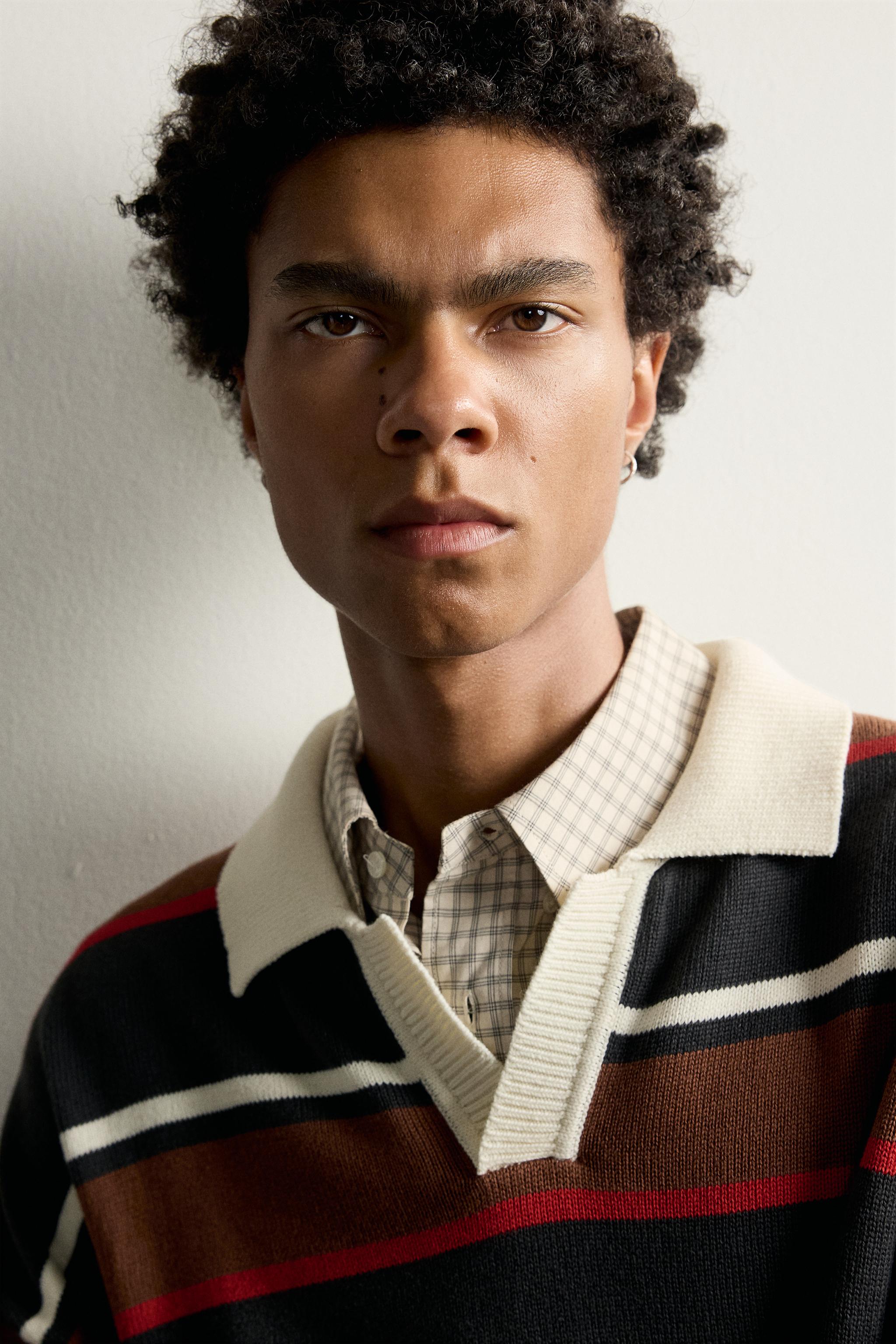 Zara ÇİÇEKLİ TERS DİKİŞ ÇİZGİLİ TRİKO POLO T-SHIRT görsel 5