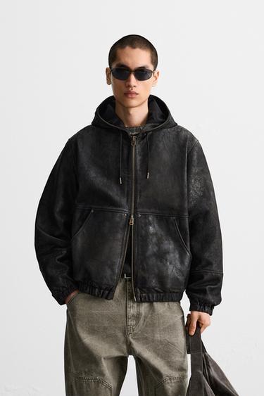 LEATHER HOODED JACKET - Brown by Zara