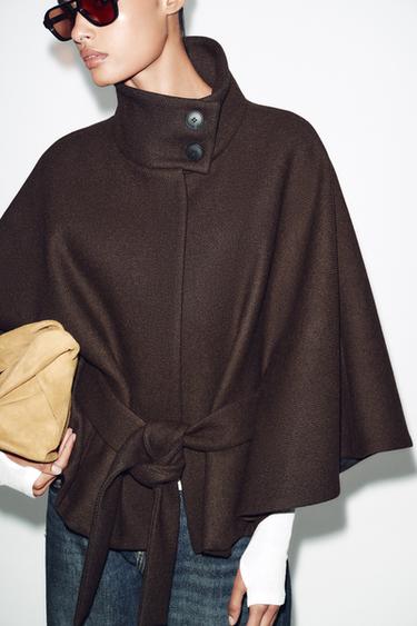 CAPPOTTO CORTO A CAPPA MISTO LANA CON CINTURA - Marrone di Zara