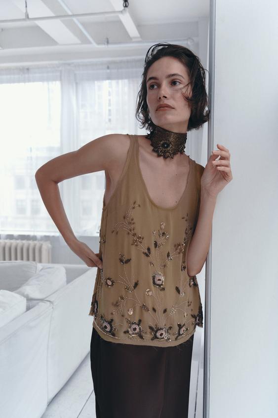 FLORAL EMBROIDERED TOP - Brown / Taupe by Zara - Image 0