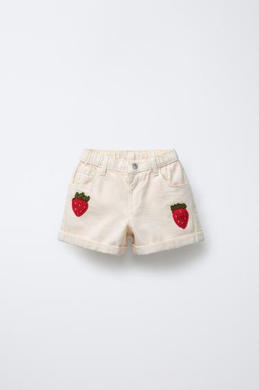 CALÇÕES BERMUDA DE SARJA MORANGOS DE CROCHET - Cru da Zara - Imagem 0