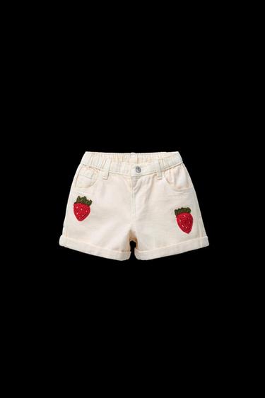 HIGH-WAIST TWILL BERMUDA SHORTS WITH CROCHET STRAWBERRIES - Ecru by Zara - Image 0