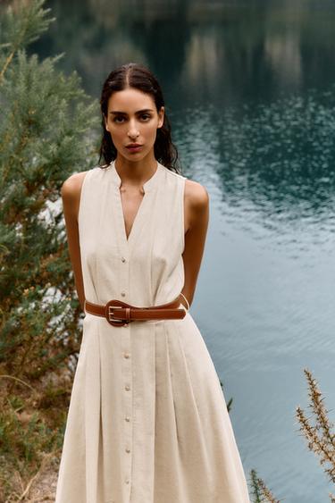 ROBE MIDI AVEC CEINTURE EN LIN - Beige clair de Zara - Image 2