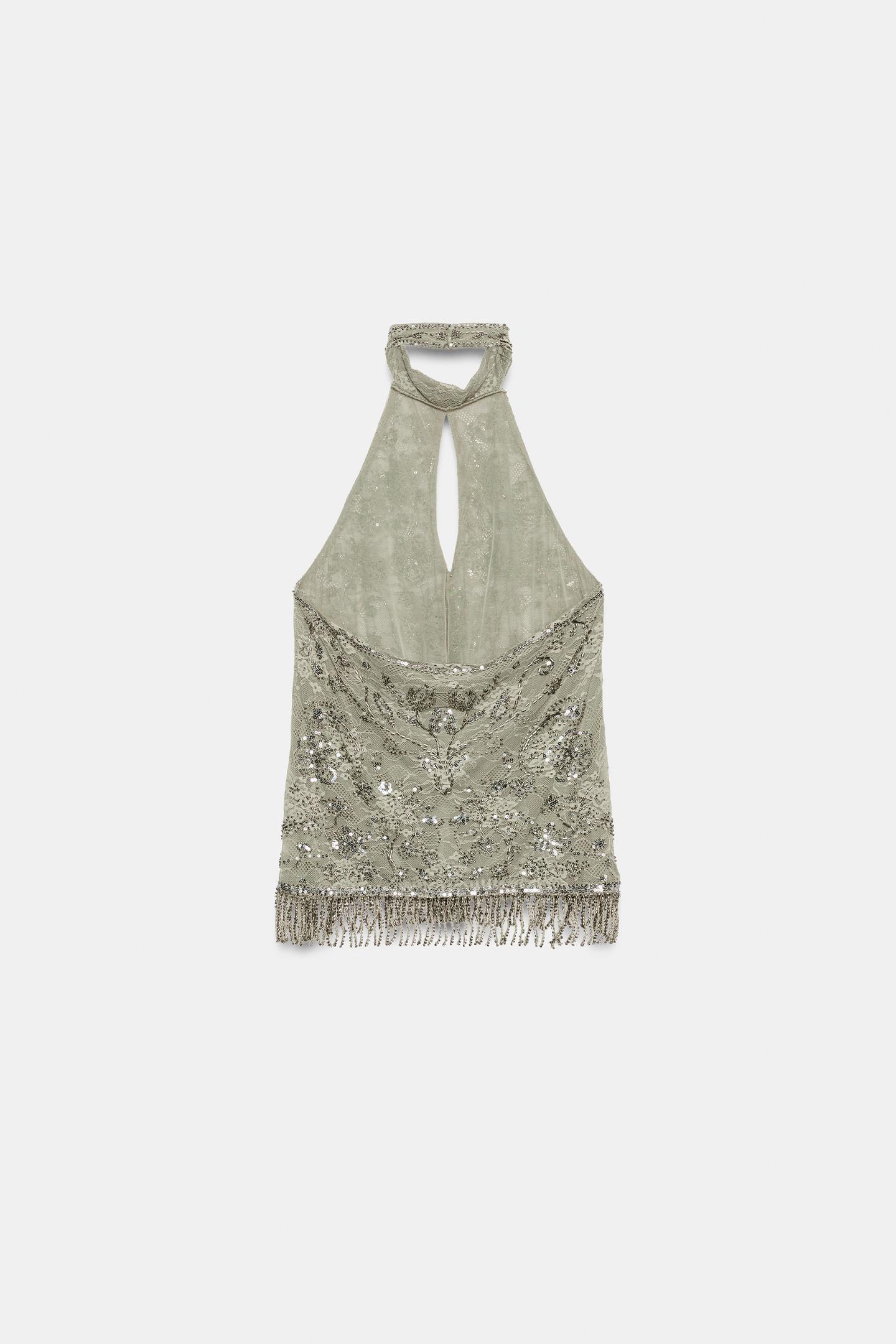 Женский топ Zara Beaded Halter Top, цвет: Тёмный хаки — фото 7
