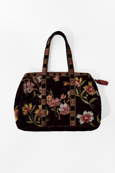 QUILTED VELVET BAG WITH EMBROIDERED FLOWERS - Dark aubergine by Zara
