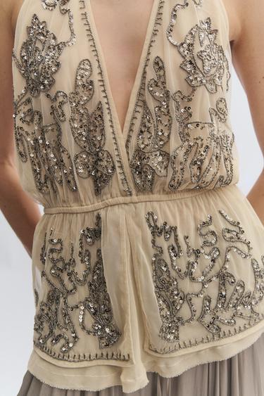 ZW COLLECTION LIMITED EDITION EMBROIDERED HALTER TOP - Beige by Zara