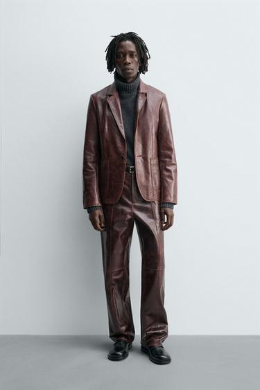 Zara LIMITED EDITION LEATHER SUIT BLAZER - Brown
