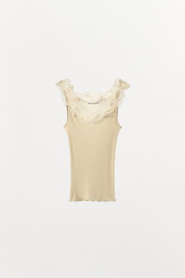 TOP CÔTELÉ DENTELLE - Écru de Zara - Image 5