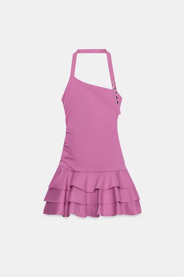 ROBE EN POPELINE AVEC ENCOLURE AMÉRICAINE À VOLANTS - Fuchsia foncé de Zara - Image 3