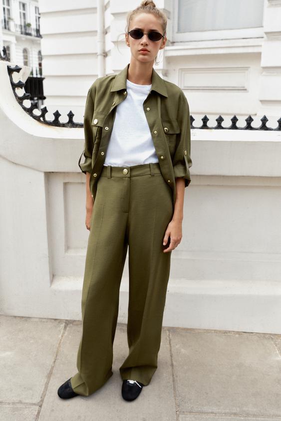 HIGH-WAIST STRAIGHT-LEG TROUSERS - Khaki de Zara - Imagen 0