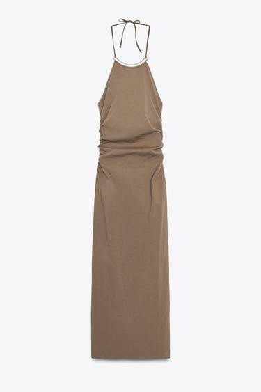 Zara HALTER MIDI DRESS WITH TRIM - Brown