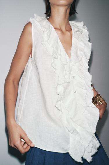 ZW COLLECTION LINEN RUFFLE SHIRT - White by Zara - Image 0