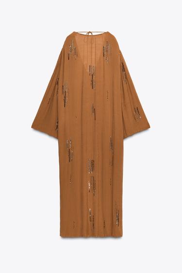 Zara ZW COLLECTION 串珠洋裝 - 黃褚色