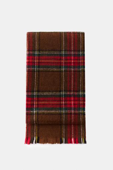 Zara PLAID FRINGED SCARF - Brown - Image 0