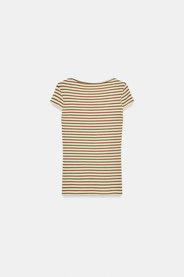 STRIPED SHORT SLEEVE T-SHIRT - Ecru / Brown by Zara - Image 7