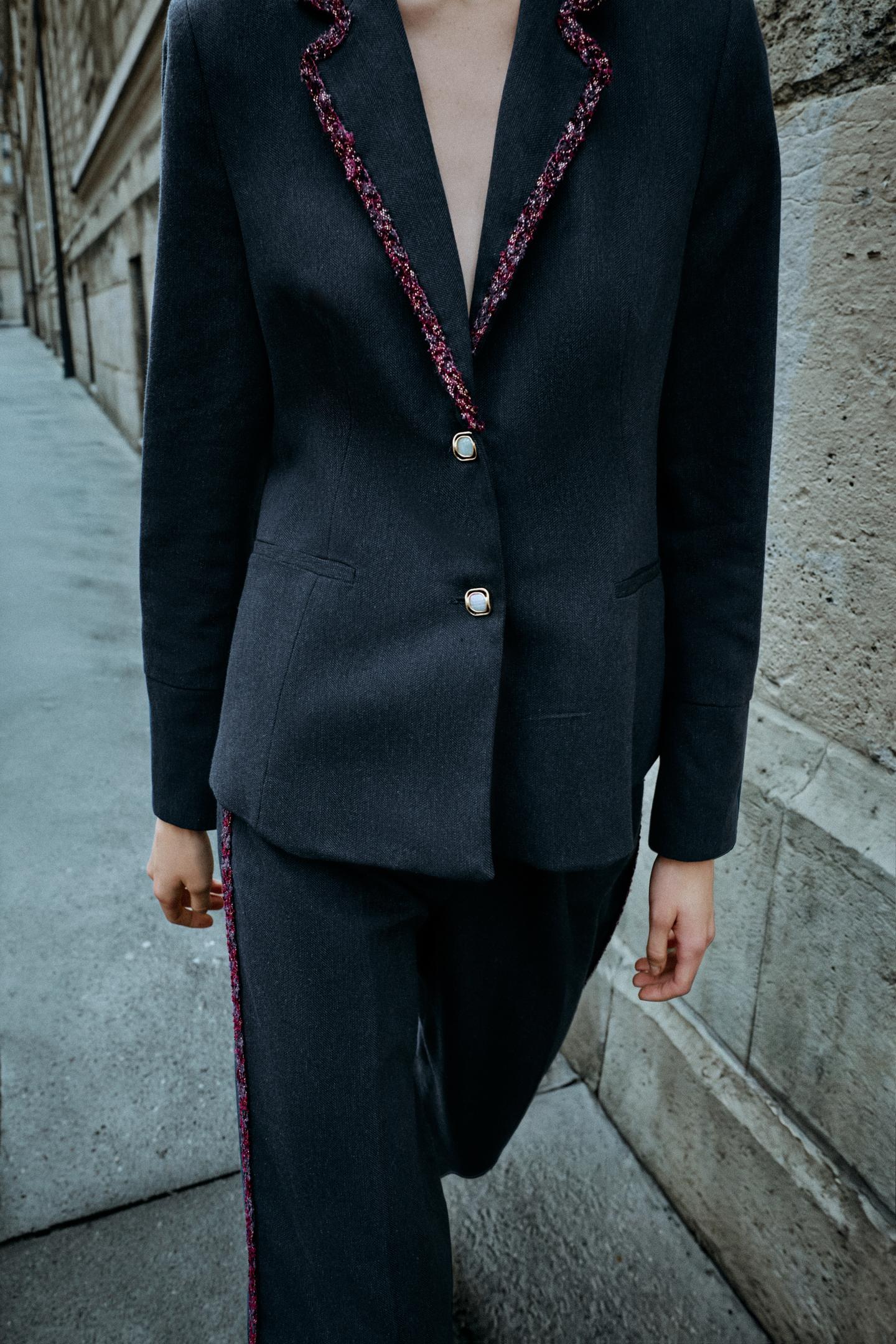 Женский пиджак Zara Contrast Trim Lapel Blazer, цвет: Синий — фото 2
