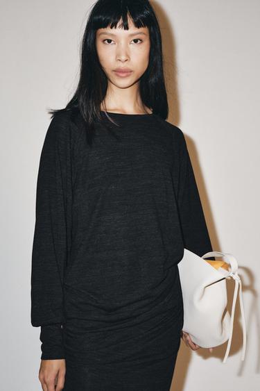 Zara DRAPED LONG-SLEEVE T-SHIRT - Anthracite grey