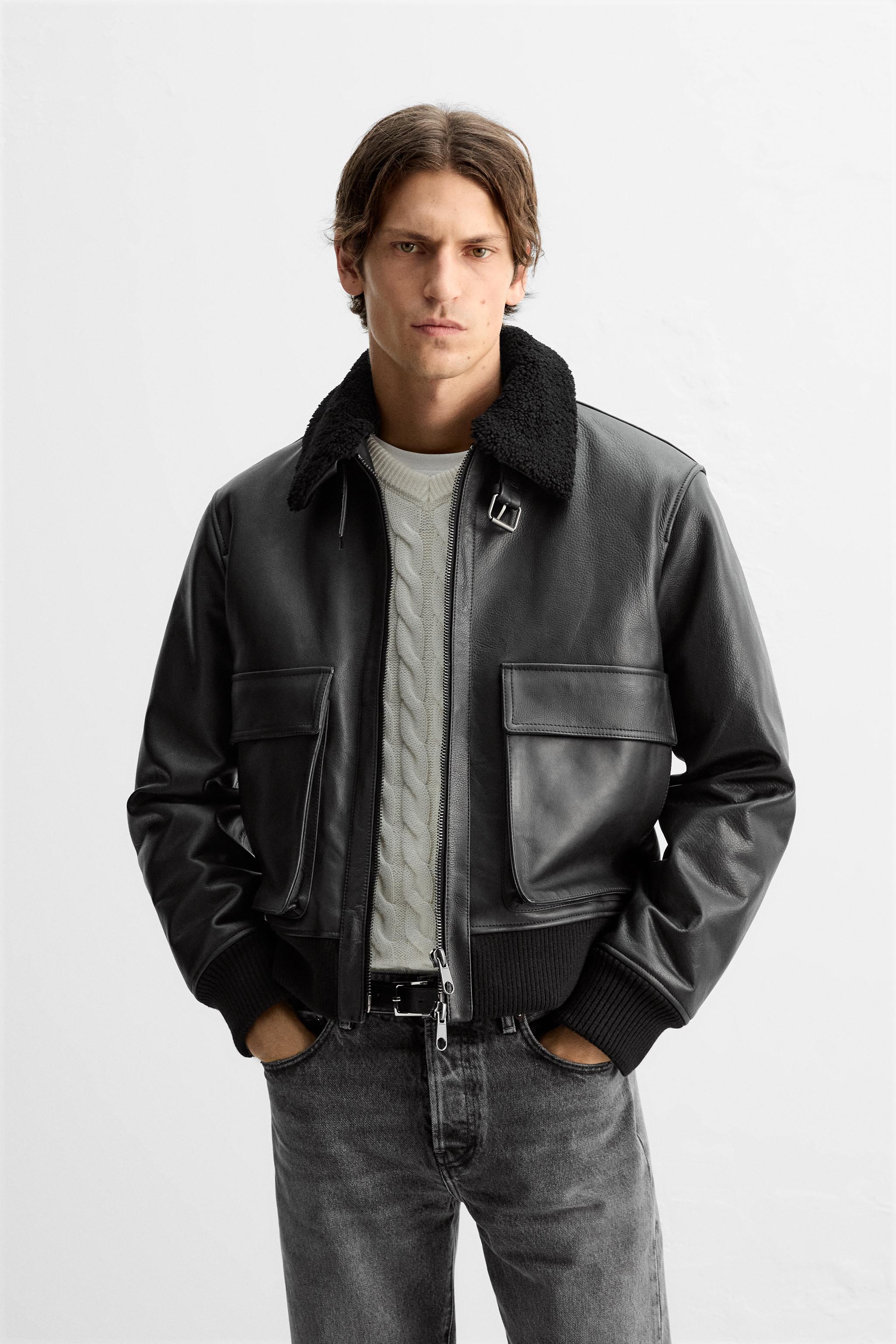 VESTE AVIATEUR EN CUIR Noir ZARA France