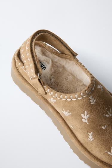 EMBROIDERED SHEEPSKIN CLOGS - Brown by Zara - Image 3