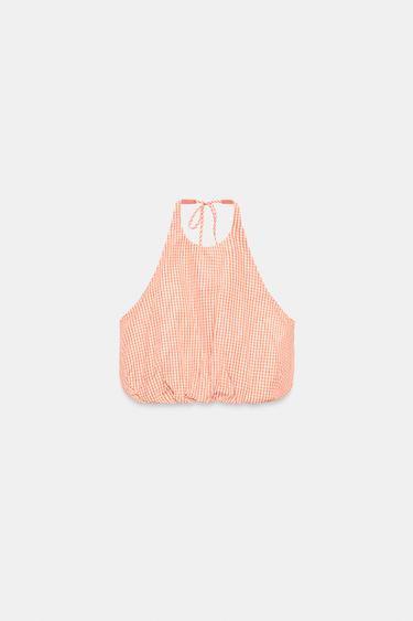 TOP HALTER BALLON À CARREAUX VICHY - blanc-orange de Zara - Image 2