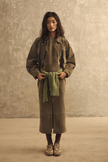 Zara 100% 皮革中長版洋裝 - 卡其色