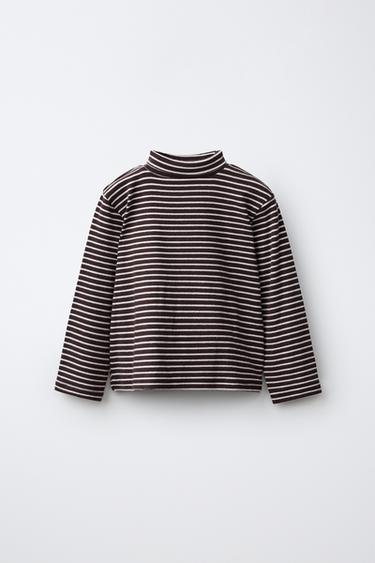 STRIPED TURTLENECK T-SHIRT — Chocolate brown 1