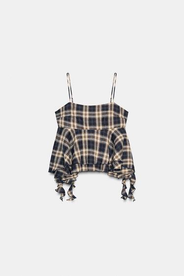 Zara 格紋荷葉邊上衣 - 棕色-藍色