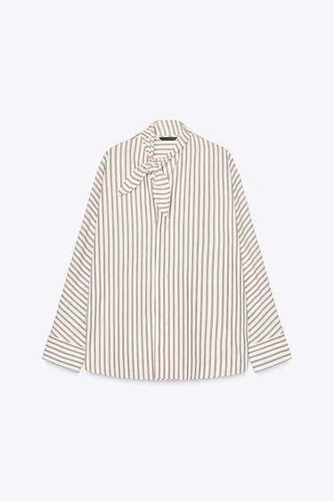 STRIPED SHIRT WITH BOW - Beige-brown by Zara - Image 0