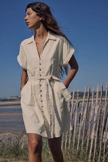 ПЛАТЬЕ-РУБАШКА МИНИ ИЗ СМЕСОВОГО ЛЬНА — ЭКРЮ от Zara — изображение 0