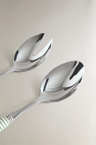 SALAD CUTLERY SET WITH STRIPED HANDLE (SET OF 2) - Green / Ecru by Zara - Image 1