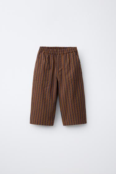 STRIPED SEERSUCKER BALLOON TROUSERS - Brown by Zara - Image 0