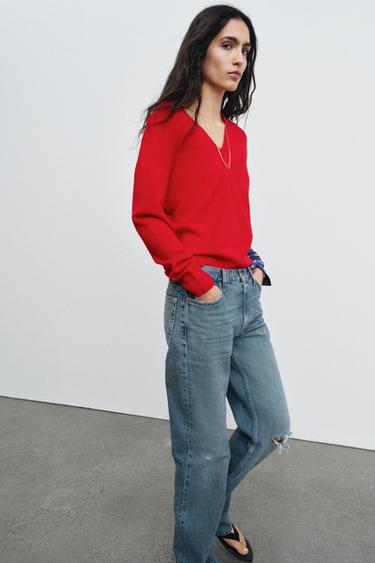 PULL 100 % LAINE EXTRA DOUCE COL EN V - Rouge de Zara - Image 3