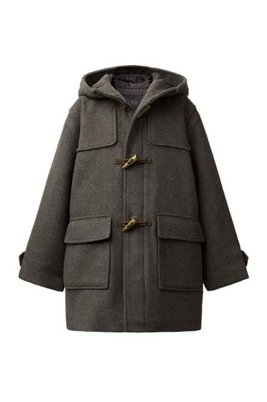 Front view of a mole grey duffle coat with a hood, toggle fastenings, concealed zip and flap patch pockets.